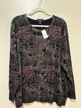 Lands' End Paisley Cotton Cardigan Sweater Black, Burgundy & Green size 3x